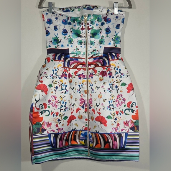 RARE MARY KATRANTZOU X TOPSHOP CARNIVAL PRINT STRAPLESS DRESS. - Picture 3 of 6